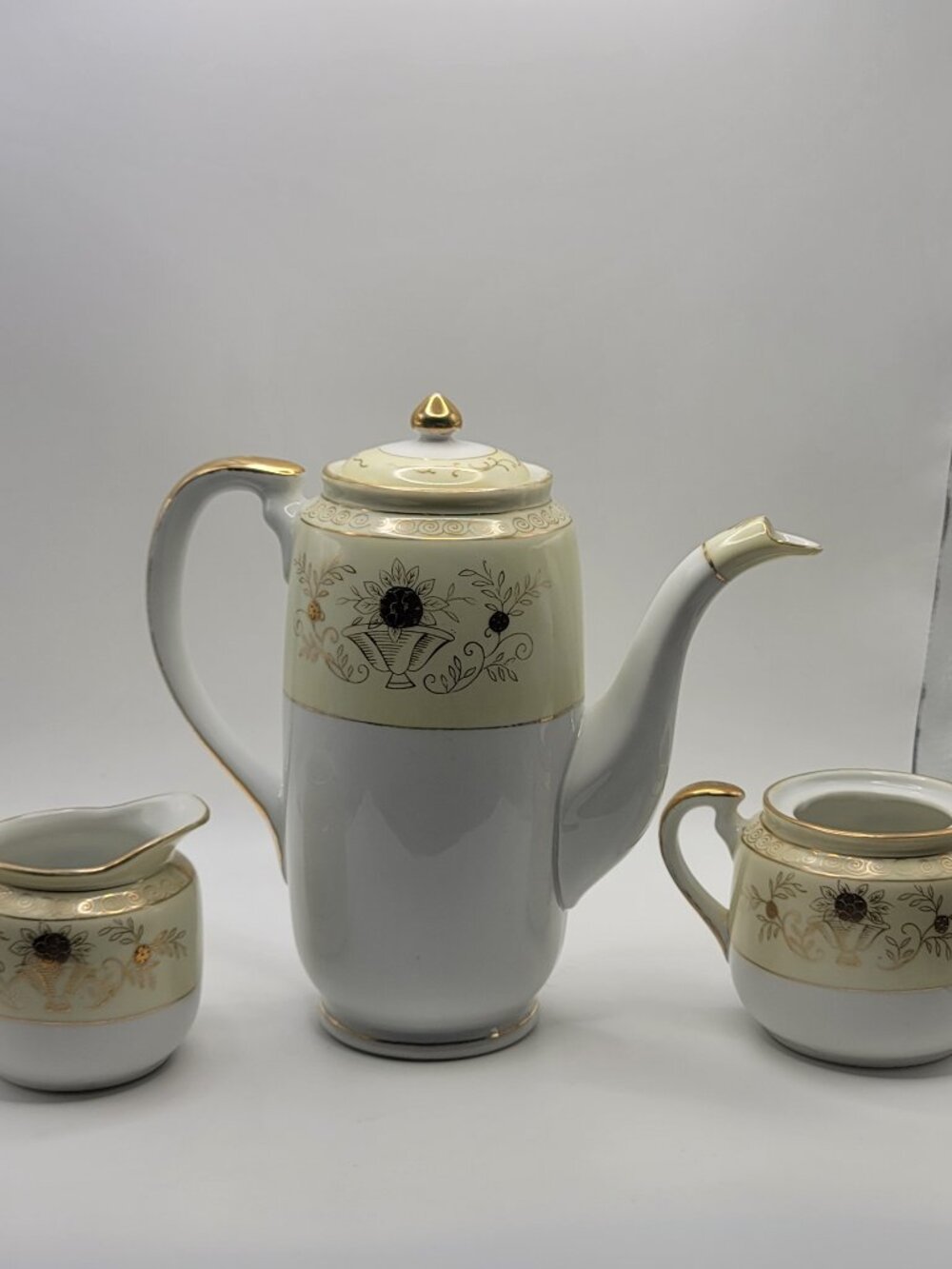 Vintage 1920s Japan Gold Flower Basket Teapot, Creamer & Sugar (No Lid)